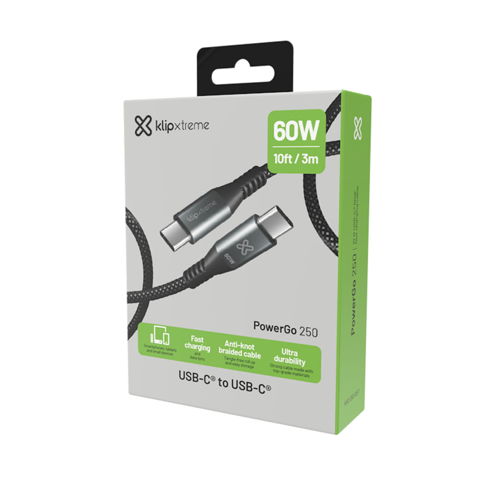 Cable USB-C Klip Xtreme 24 Pines 3m Negro, Carga Rápida 60W, Resistente y Flexible