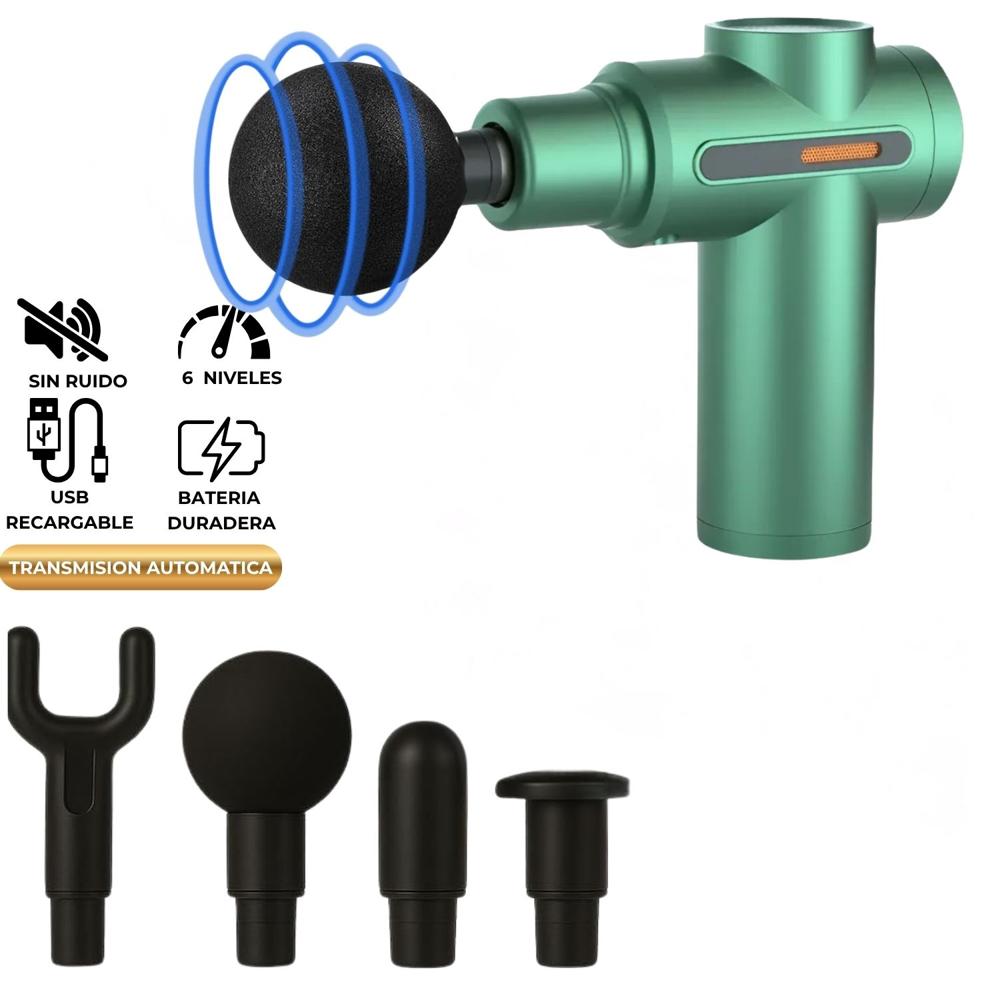 Pistola Masajeador Muscular de 4 Cabezales 6 Velocidades Verde
