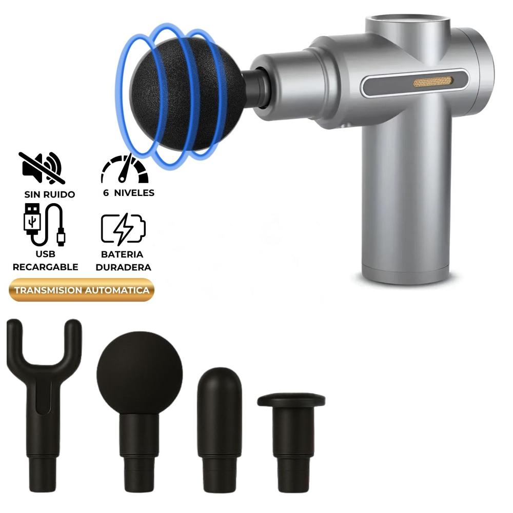 Pistola Masajeador Muscular de 4 Cabezales 6 Velocidades Gris