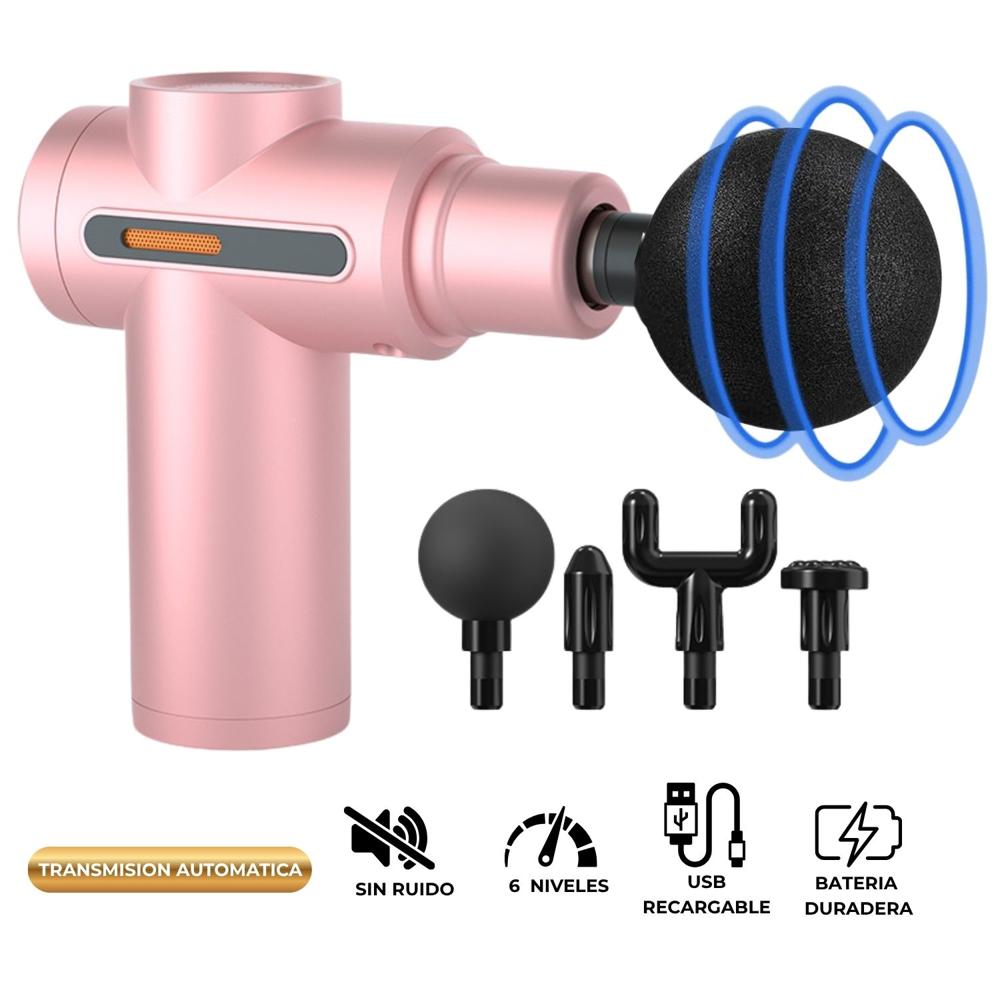 Pistola Masajeador Muscular de 4 Cabezales 6 Velocidades Rosa