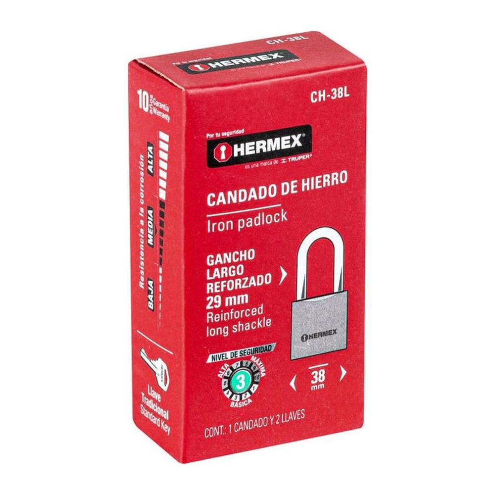 Candado de hierro 38 mm arco largo en caja Hermex - 43323
