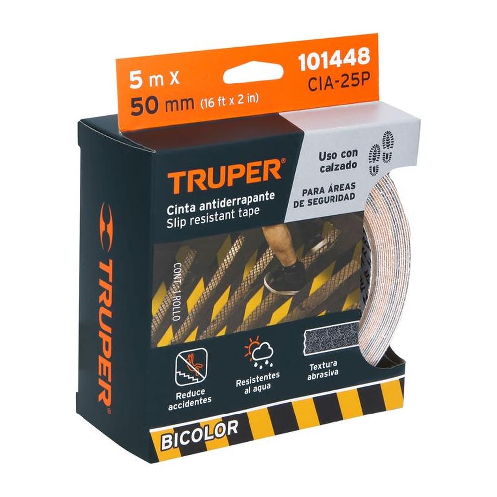 Cinta antiderrapante amarillo y Negro 50mmx5m Truper 101448
