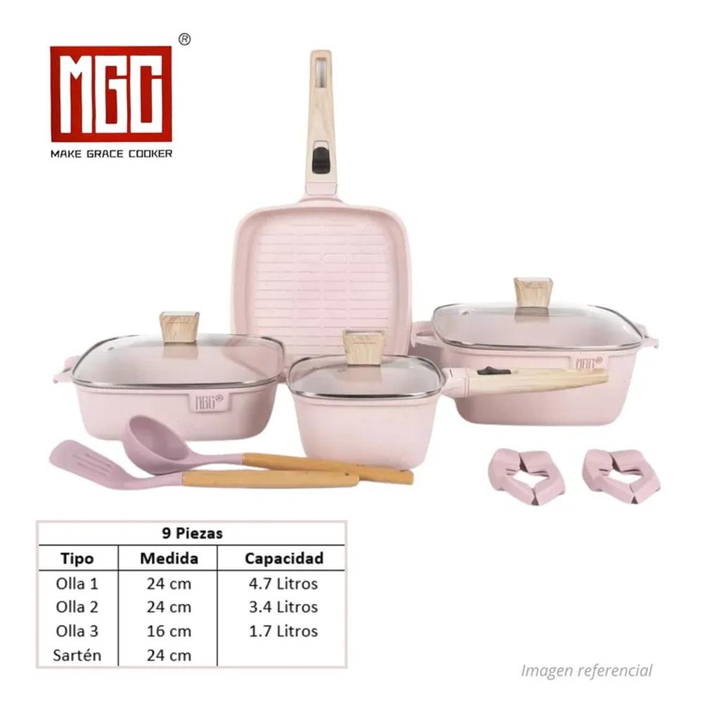 JUEGO DE OLLAS MGC DE 9 PIEZAS ROCA VOLCANICA PINK