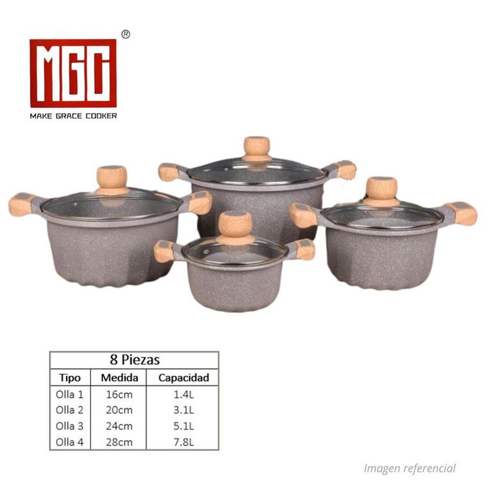 JUEGO DE OLLAS MGC DE 8 PIEZAS ROCA VOLCANICA GRIS