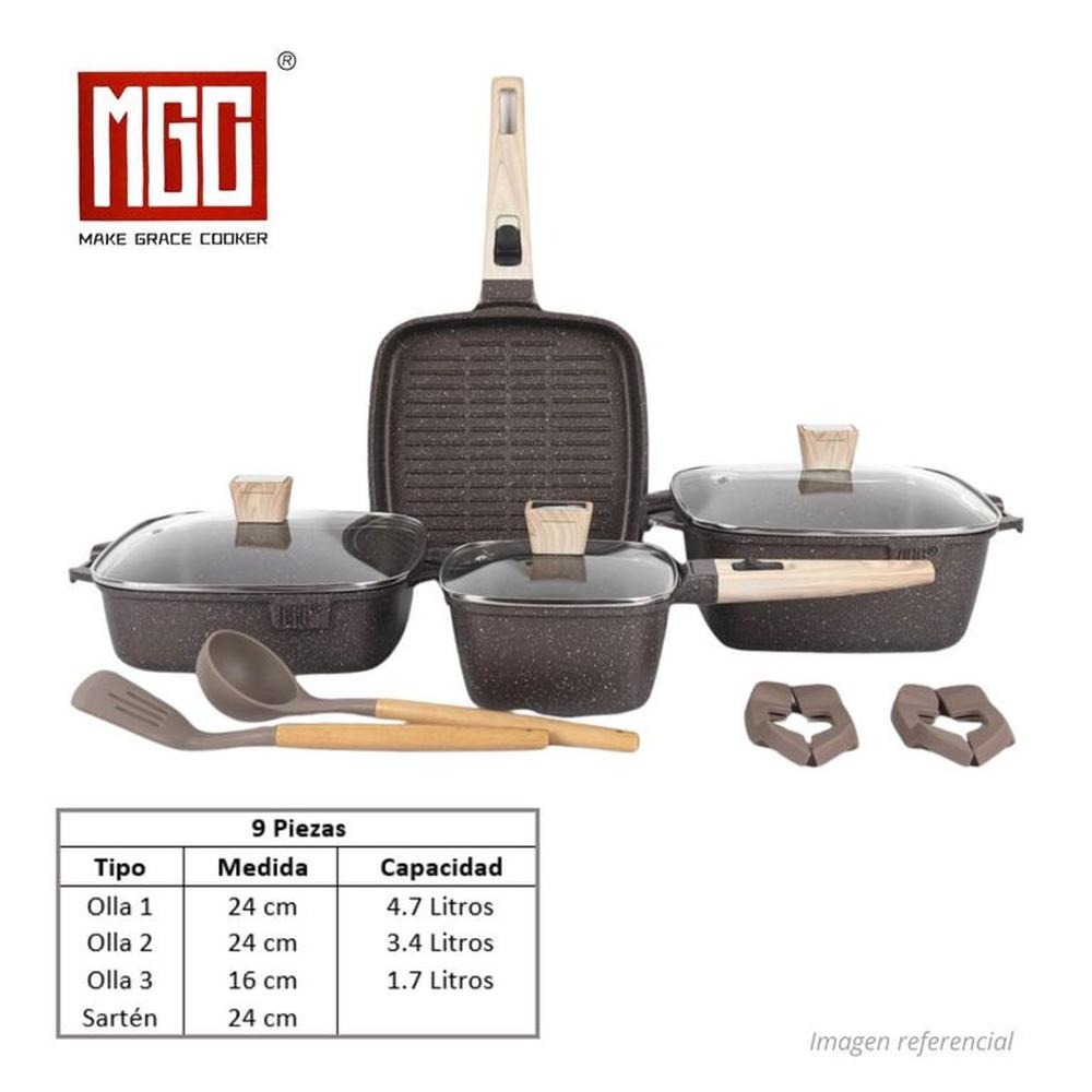 JUEGO DE OLLAS MGC DE 9 PIEZAS ROCA VOLCANICA CAFE