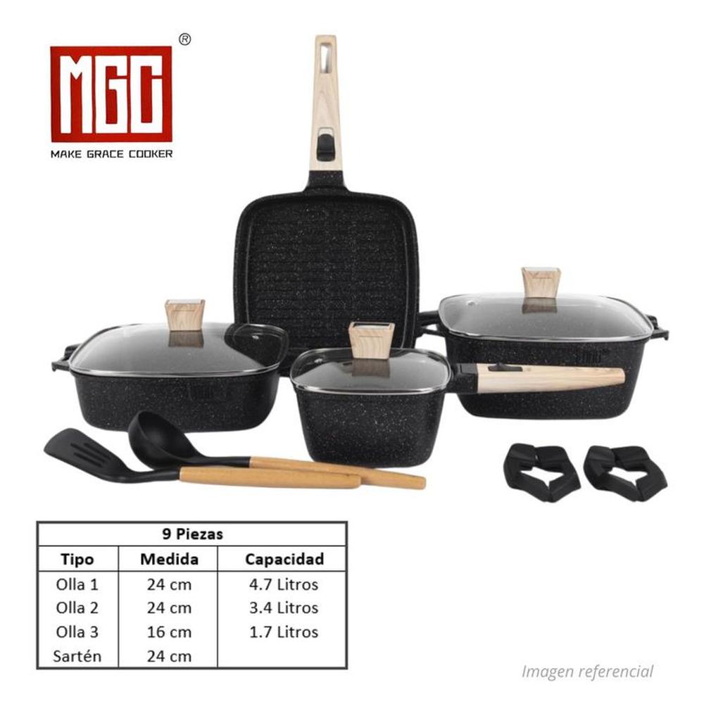 JUEGO DE OLLAS MGC DE 9 PIEZAS ROCA VOLCANICA BLACK