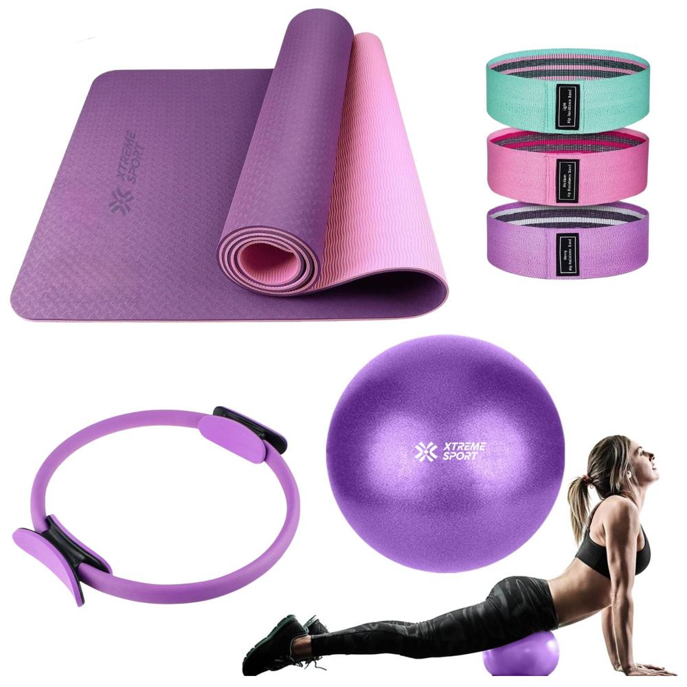 Equipo de Pilates para Entrenamiento Pelota 25 cm+ Aro +Mat y Bandas Morado