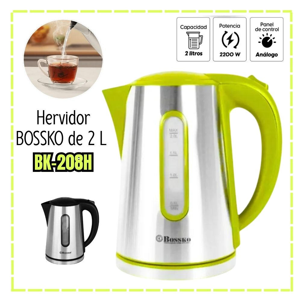 Hervidor Eléctrico Bossko 2 Litros Acero 2200 Watts BK-208H