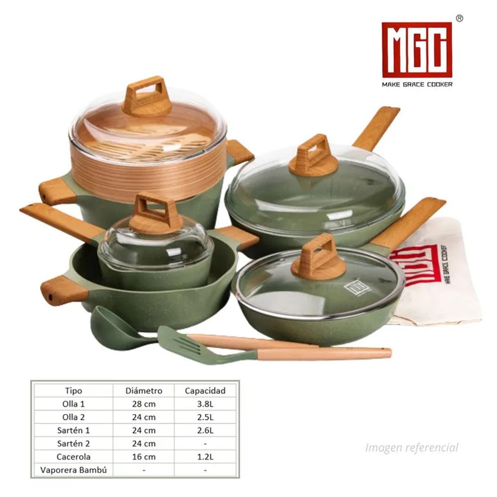 JUEGO DE OLLAS MGC DE 13 PIEZAS ROCA VOLCANICA GREEN