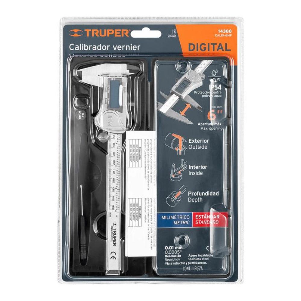 Calibrador vernier digital 6 acero inox std y mm Truper - 14388