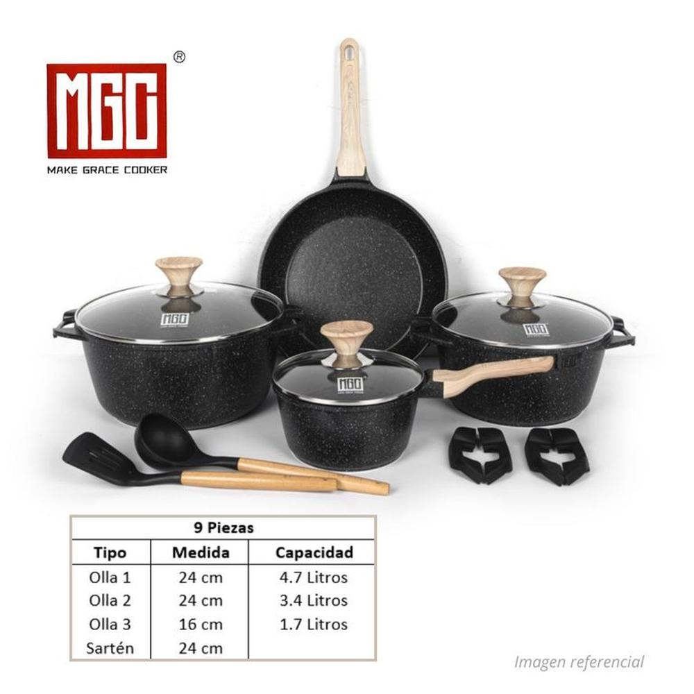 JUEGO DE OLLAS MGC DE 9 PIEZAS ROCA VOLCANICA NEGRO