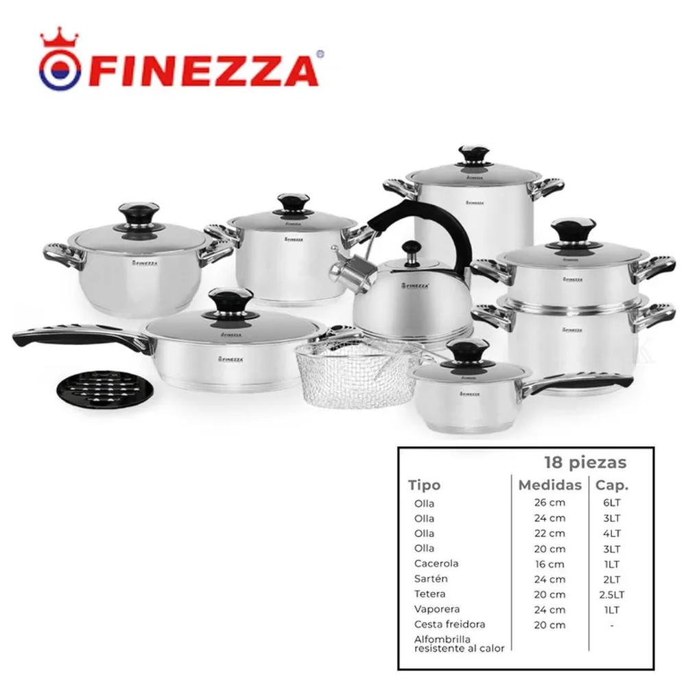 JUEGO DE OLLAS EN ACERO INOXIDABLE 18 PIEZAS FINEZZA