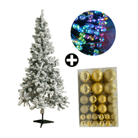 COMBO Árbol de Navidad Nevado 180cm 530 Ramas + Set de 122 Bolas de Árbol 4/6/8cm Dorado + Tira 10m de 200 Luces con Luz LED Multicolor Orange