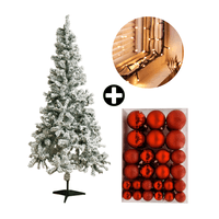 COMBO Árbol de Navidad Nevado 180cm 530 Ramas + Set de 122 Bolas de Árbol 4/6/8cm Rojo + Tira 10m de 200 Luces con Luz LED Cálida Orange
