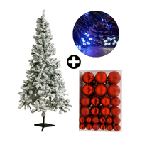 COMBO Árbol de Navidad Nevado 180cm 530 Ramas + Set de 122 Bolas de Árbol 4/6/8cm Rojo + Tira 10m de 200 Luces con Luz LED Fría Orange