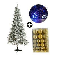 COMBO Árbol de Navidad Nevado 180cm 530 Ramas + Set de 122 Bolas de Árbol 4/6/8cm Dorado + Tira 10m de 200 Luces con Luz LED Fría Orange