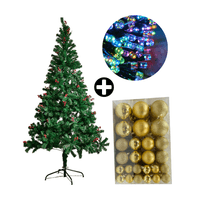 COMBO Árbol de Navidad con Berries 210cm 864 Ramas + Set de 122 Bolas de Árbol 4/6/8cm Dorado + Tira 10m de 200 Luces con Luz LED Multicolor Orange