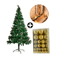COMBO Árbol de Navidad con Berries 210cm 864 Ramas + Set de 122 Bolas de Árbol 4/6/8cm Dorado + Tira 10m de 200 Luces con Luz LED Cálida Orange