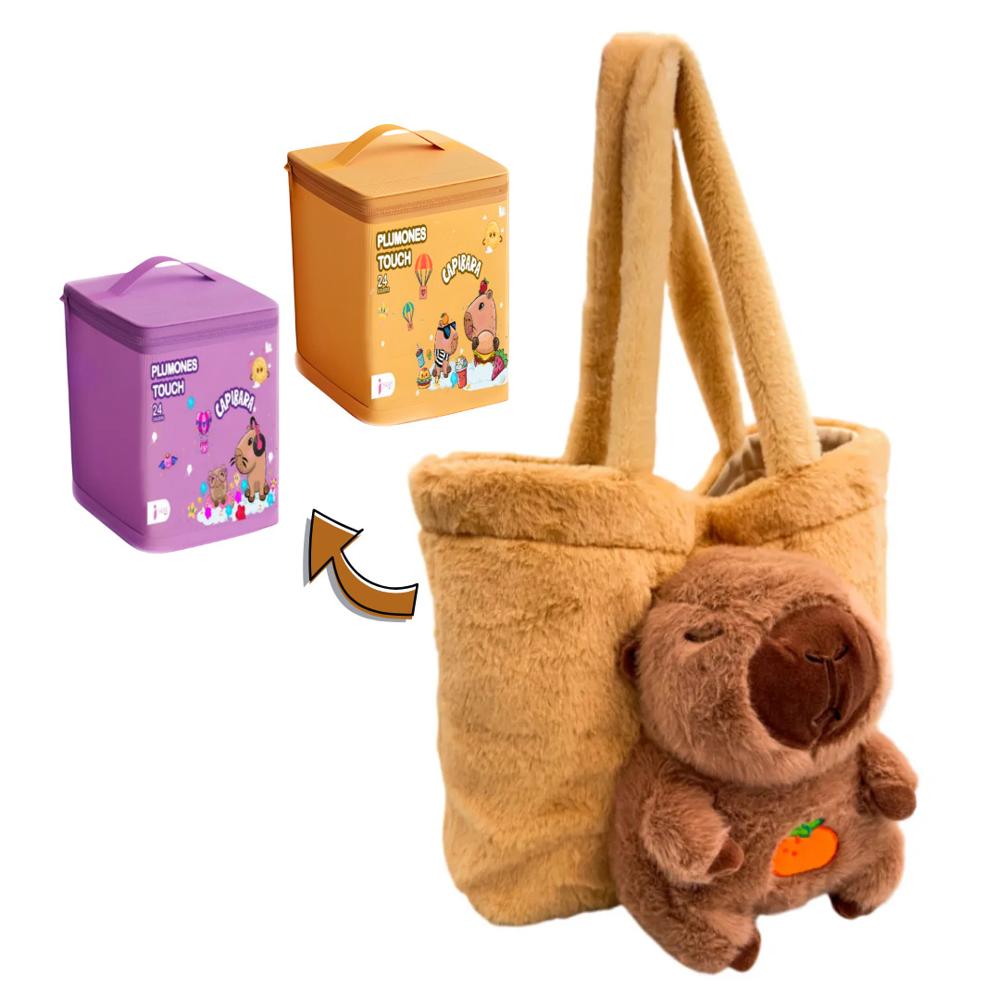 Bolso Juvenil Peluche 3d y Pack Plumones Touch Capibara 24 pcs