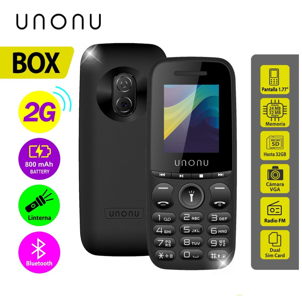 Celular Unonu Box  2G, Pantalla de 1.77"",Bateria 800 mAh, Radio FM