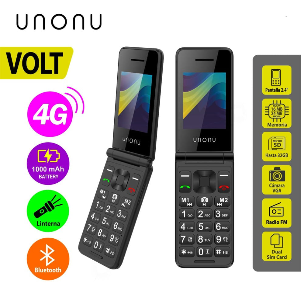 Celular Unonu Volt Tapa  4G, Pantalla de 2.4"",Bateria 1000 mAh, Radio FM