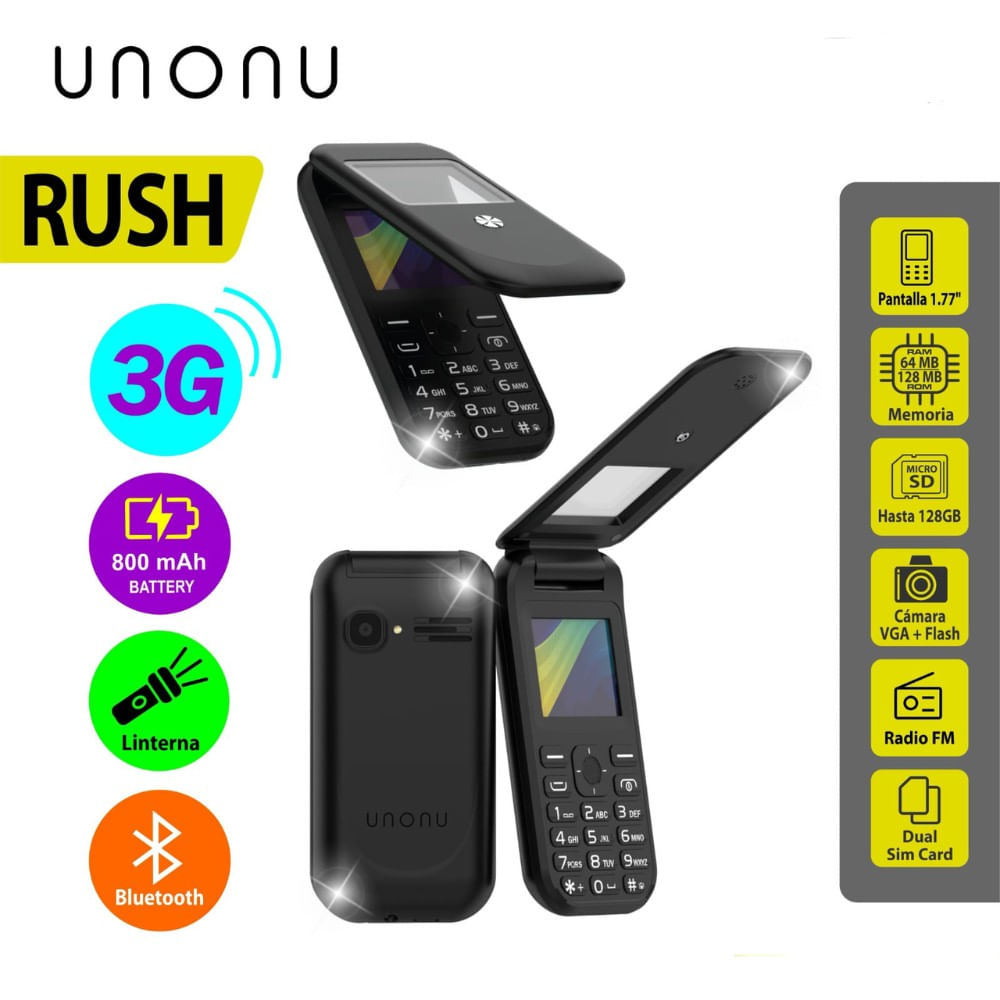 Celular Unonu Rush Tapa  3G, Pantalla de 1.77"",Bateria 1000 mAh, Radio FM