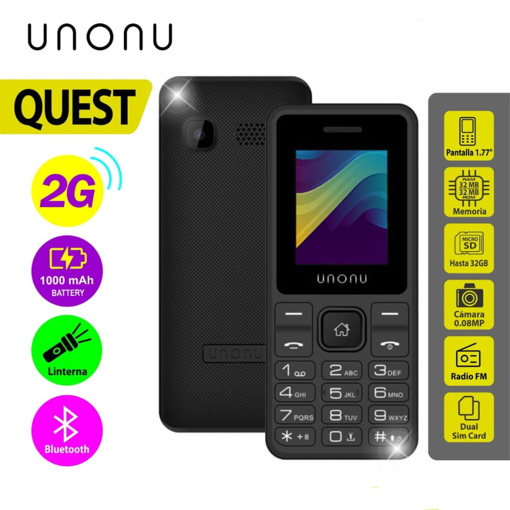 Celular Unonu Quest  2G, Pantalla de 1.77"",Bateria 800 mAh, Radio FM