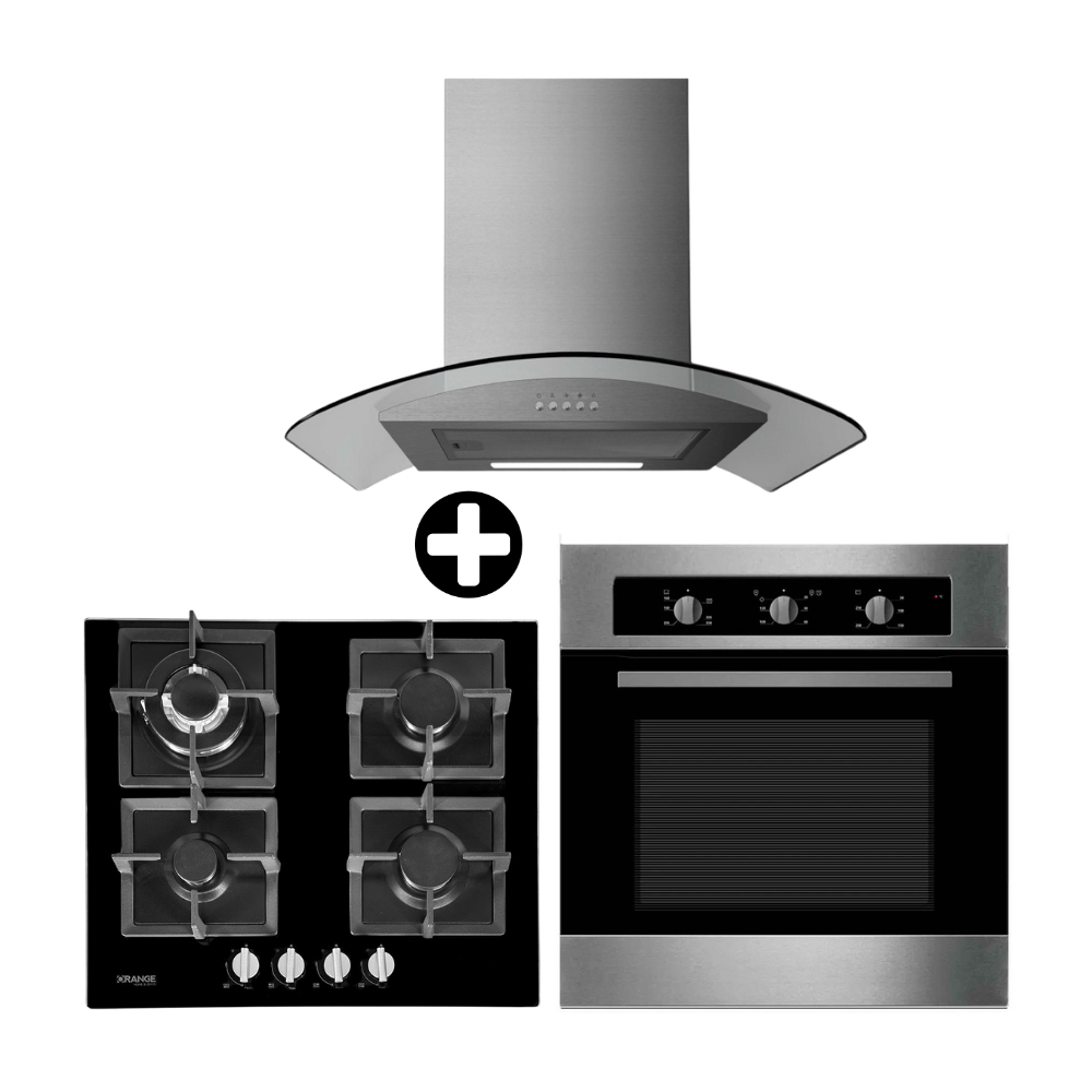 COMBO Cocina Empotrable Florencia 4H Negro 60cm + Campana Acero Inoxidable Amber 60cm + Horno empotrable a gas H70G 70 litros Orange