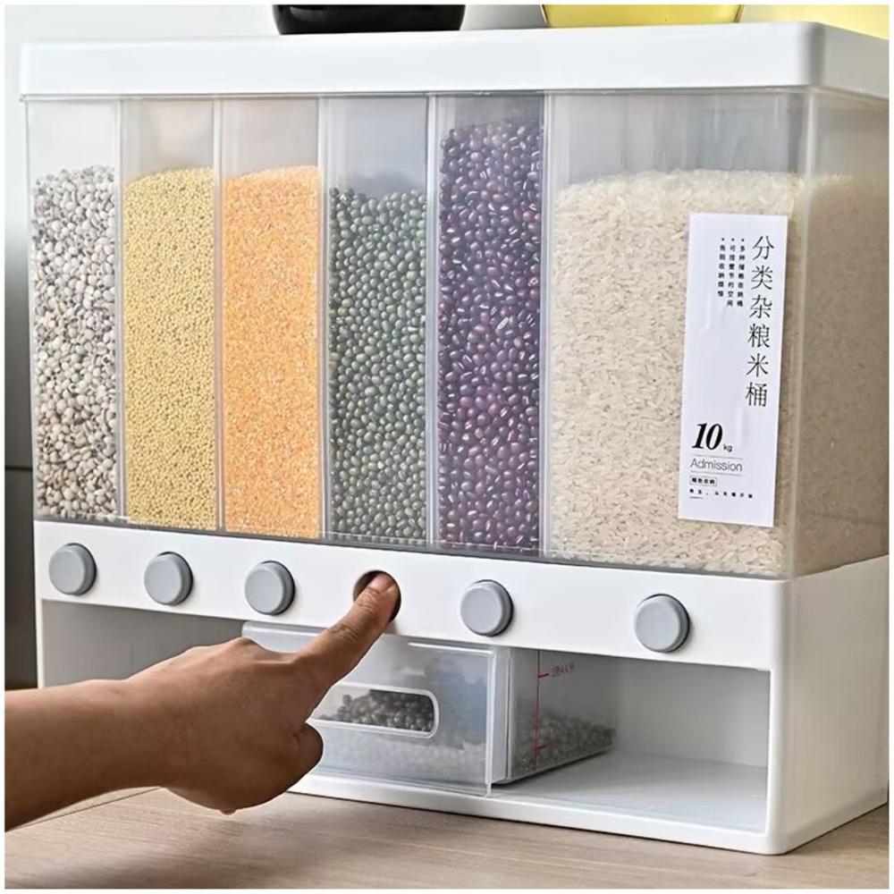 Dispensador de Arroz y Menestras Contenedor con 6 Compartimentos 10 kg