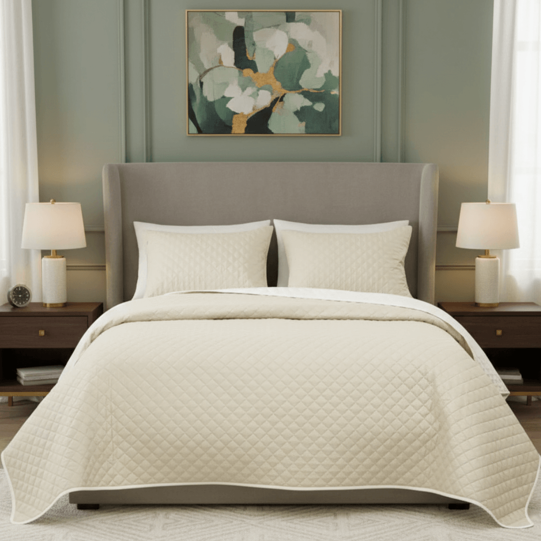 Cubrecama Pv26 Ultrasonic Cuadrados Beige 2 Plazas