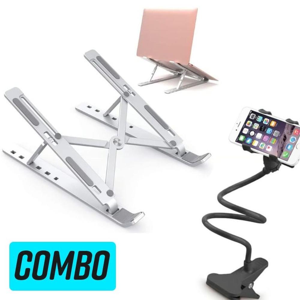 Soporte Aluminio para Laptop + Sujetador Flexible Gancho para Celular