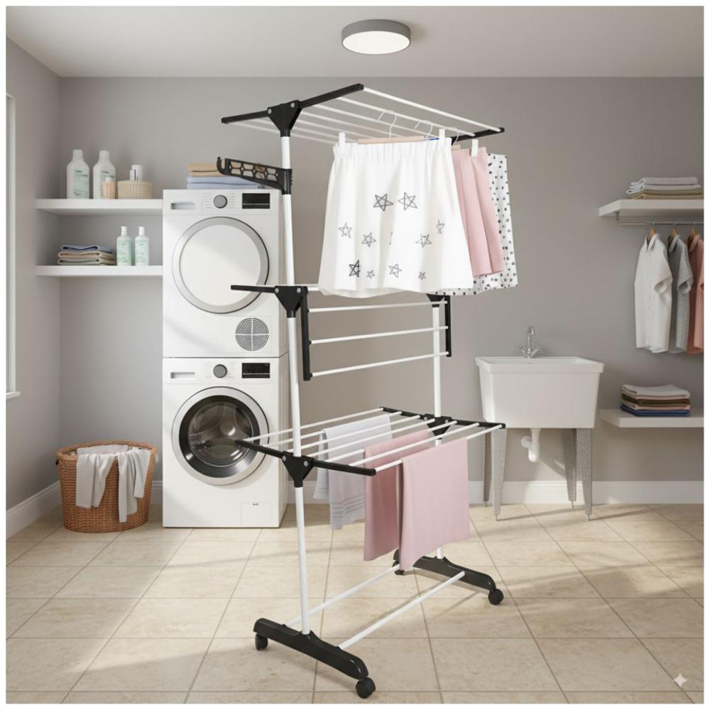 Tendedero de Ropa Multifuncional 4 Niveles Plegable con Ruedas Negro