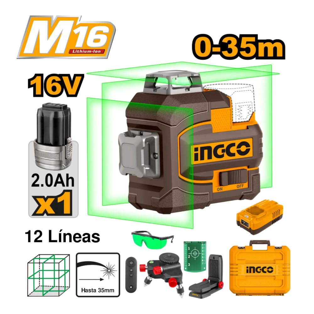 NIVEL LASER 12 LÍNEAS VERDE INGCO 35M 360 GRADOS 3D 1 BATERÍA HLL301201