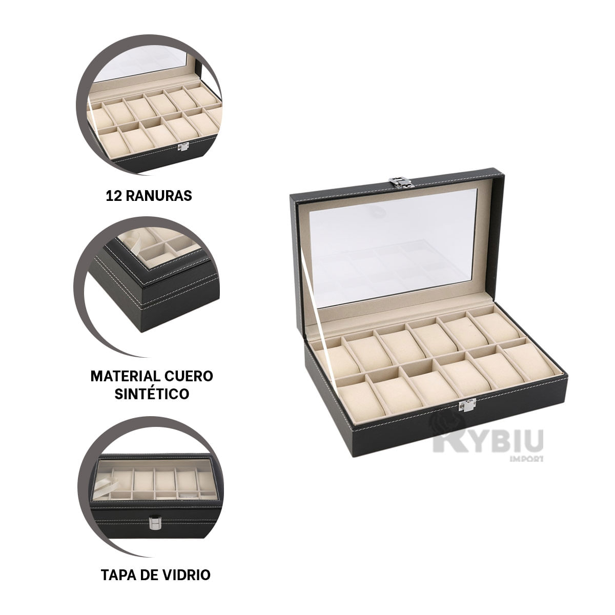 Caja de Relojes de Cuero Sintetico con Tapa de Vidrio