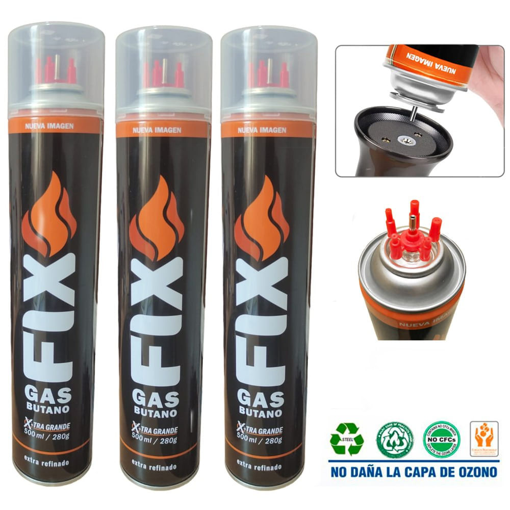 3 Gas Butano FIX Ultra Refinado Recarga Todo Tipo Encendedores Soplete