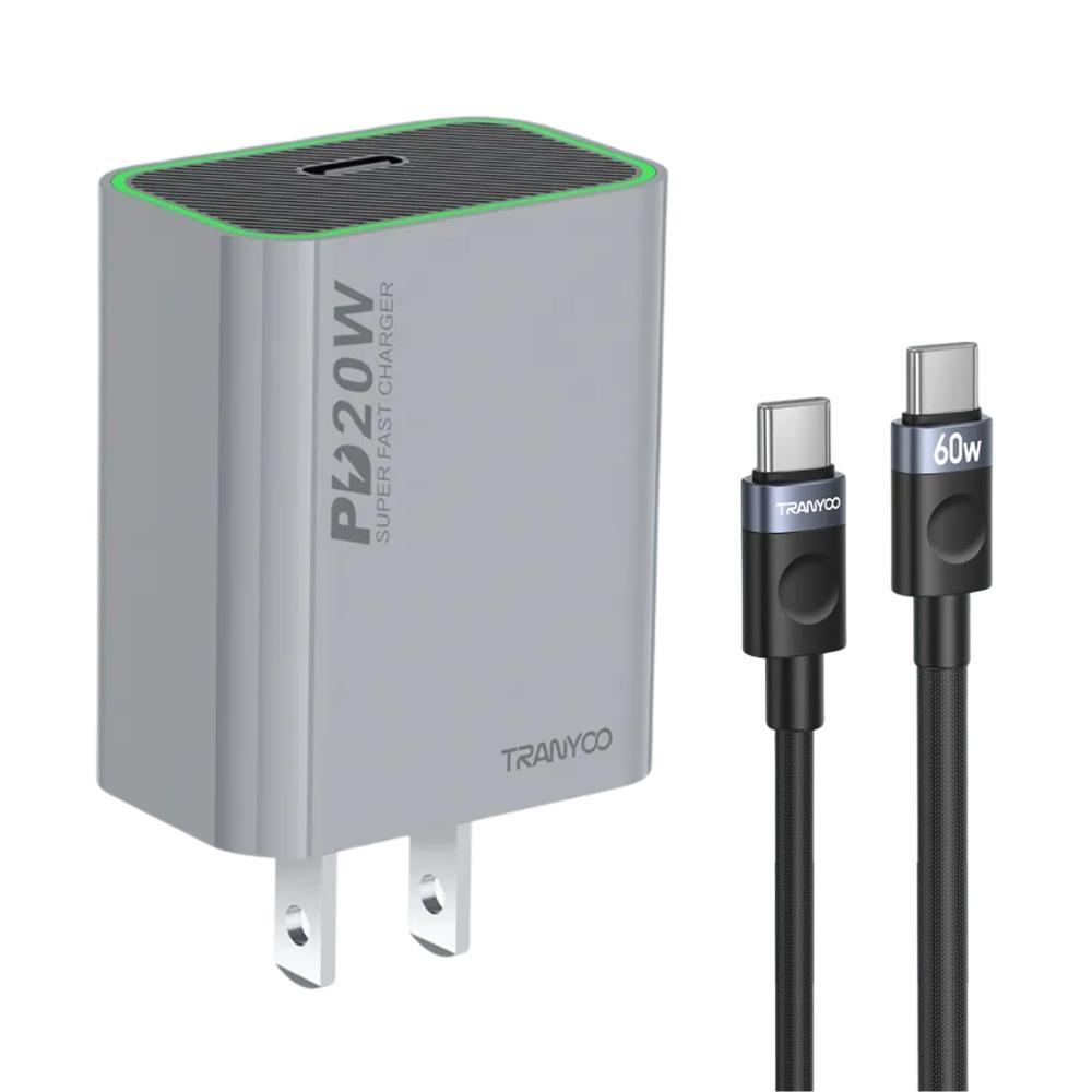 Cargador Rápido 20W USB-C con Cable Trenzado 60W para iPhone y Android T-US7C