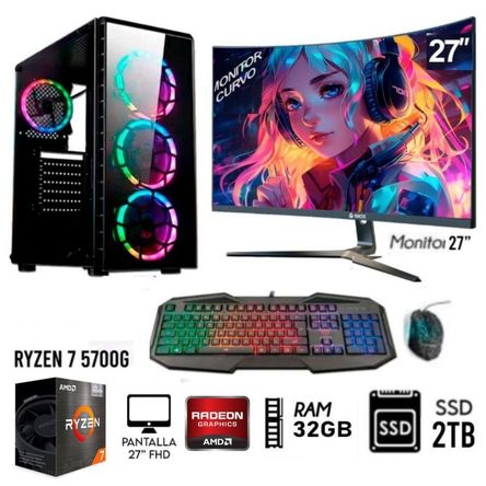 Computadora Pc Gamer RYZEN 5-5TH 3.9 GHZ Ram16GB SSD 480GB Monitor 24 Case 500W Computadora Pc Gamer RYZEN 7 5700G  Ram32GB   Disco SSD 2TB  Monitor 27FHD