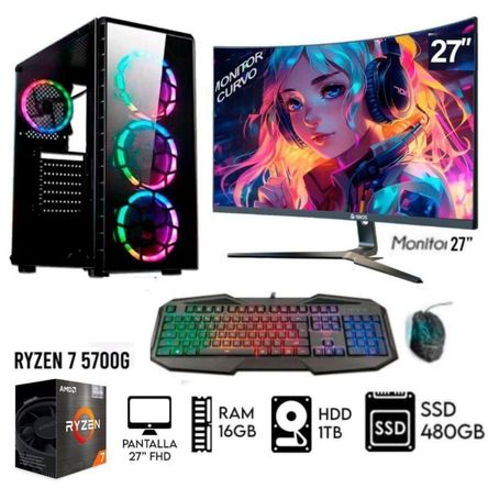 Computadora Pc Gamer RYZEN 7 5700G  Ram16GB  Disco HDD 1TB    SSD 480GB  Monitor 27