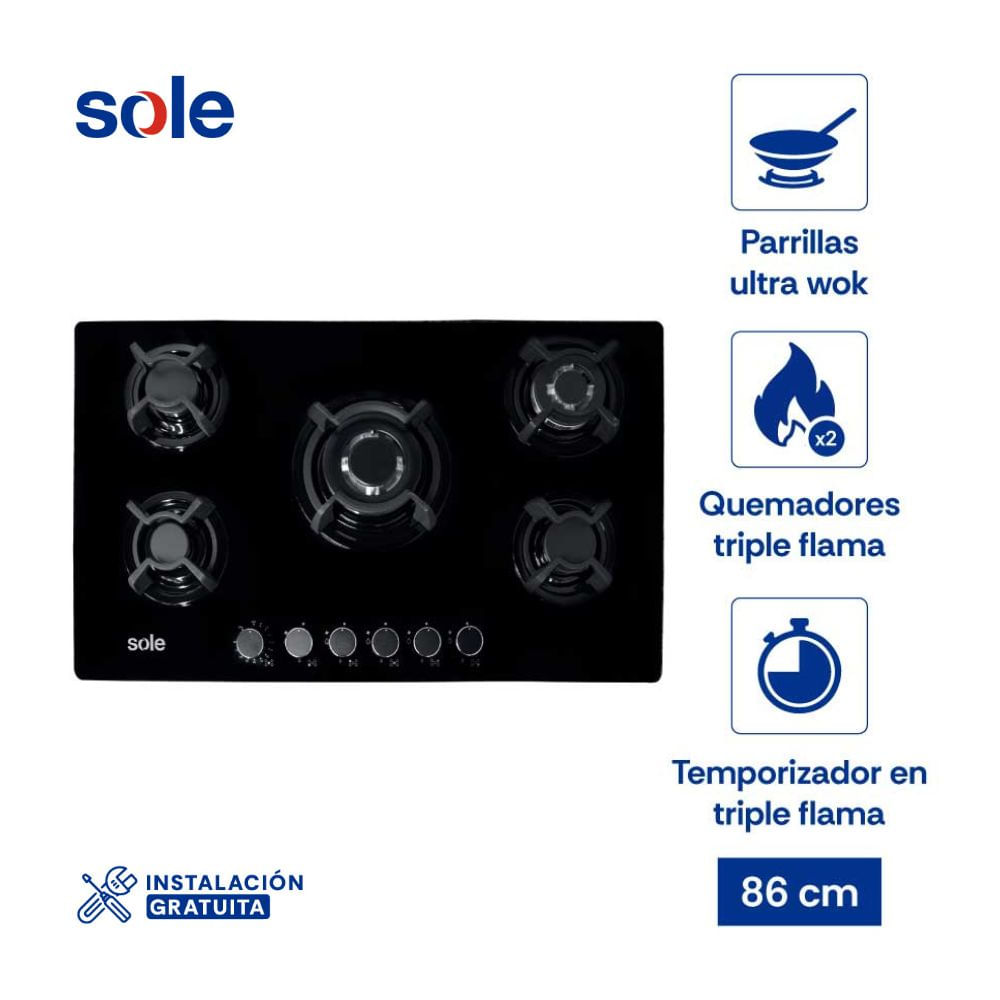 Cocina Empotrable Sole SOLCO059 Vidrio Templado 86cm con timer