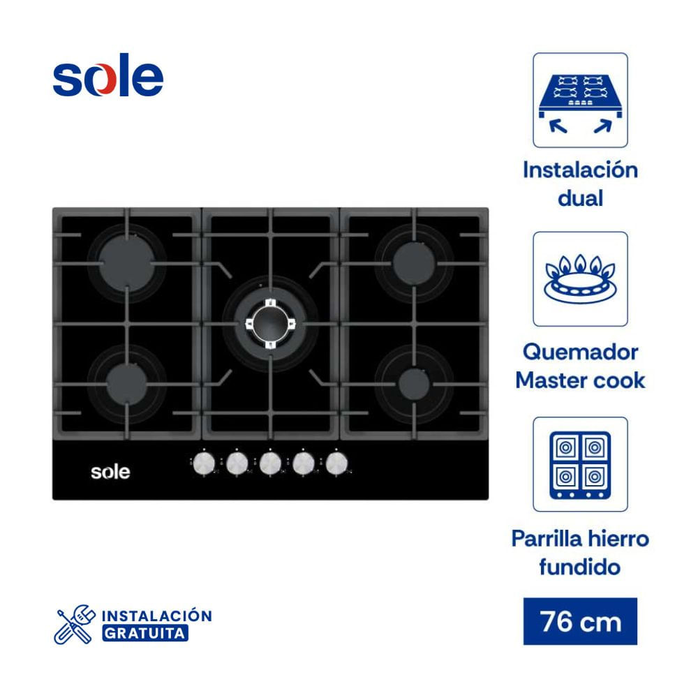 Cocina Encimera Vidrio Templado Sole SOLCO058 Negro 77cm