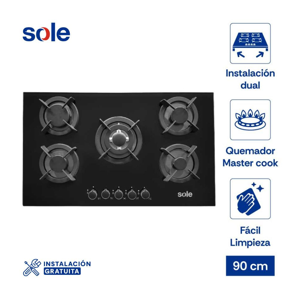 Cocina Encimera Vidrio Templado Sole SOLCO069 Negro 90cm