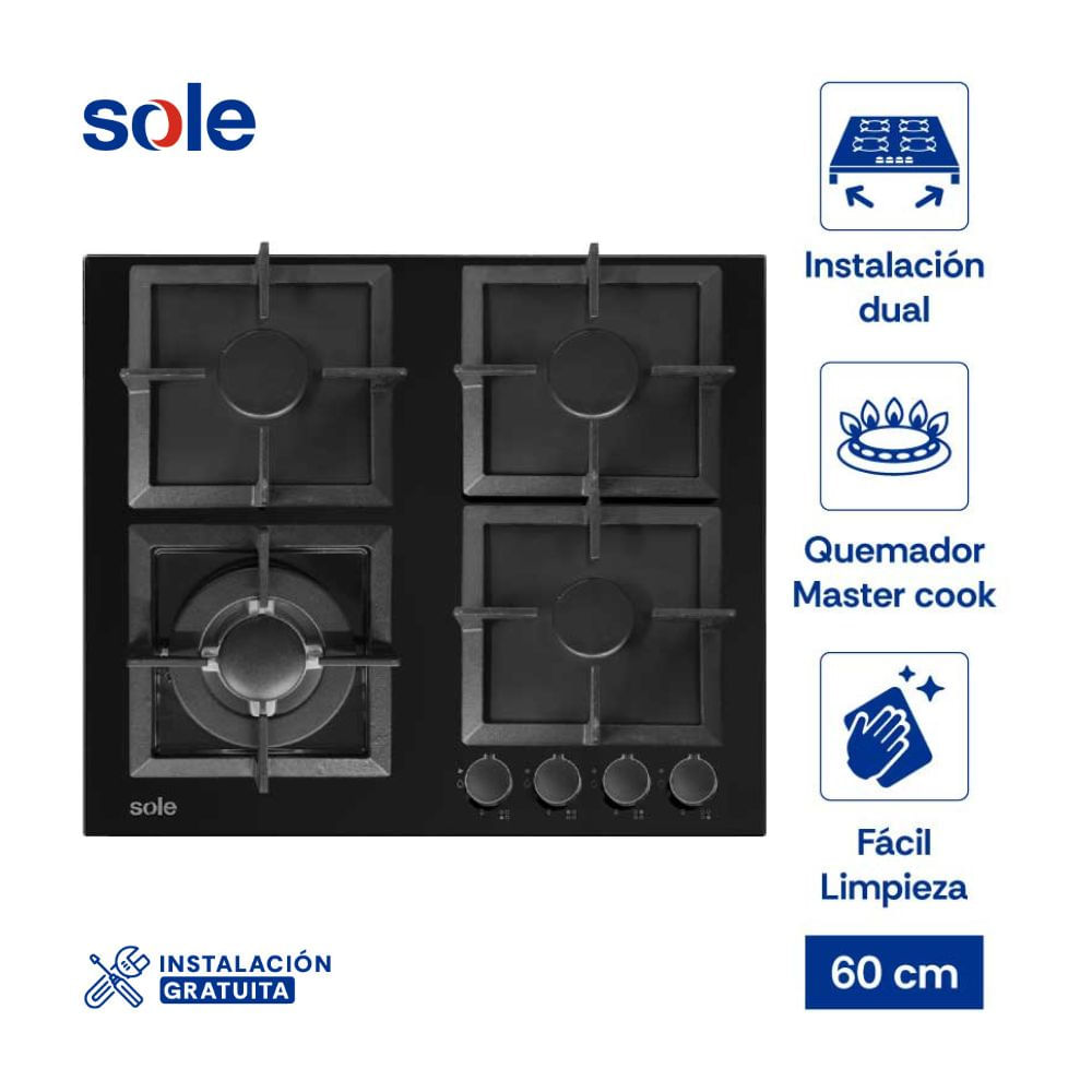 Cocina Encimera Vidrio Templado Sole Solco 070 Negro a Gas 60cm