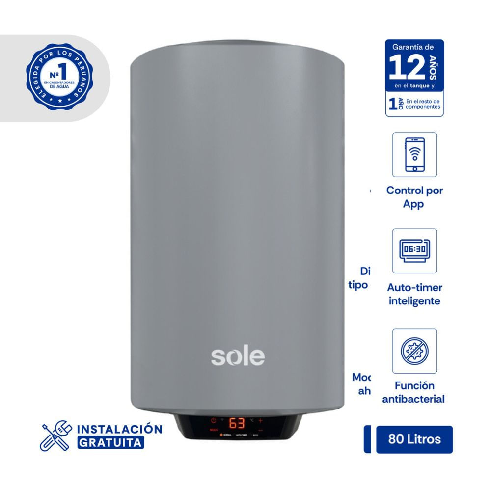 Terma Eléctrica Sole Genius Wifi 80 litros en Acero Aporcelanado Gris Modelo SOLTEGE080C