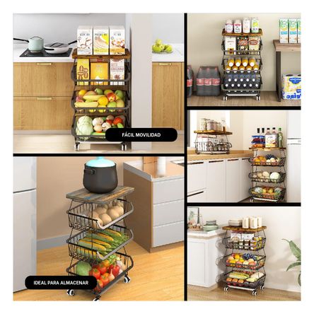 Cesta Estante de 4 Niveles con Ruedas de Color Negro Cesta Estante de 4 Niveles con Ruedas de Color Negro