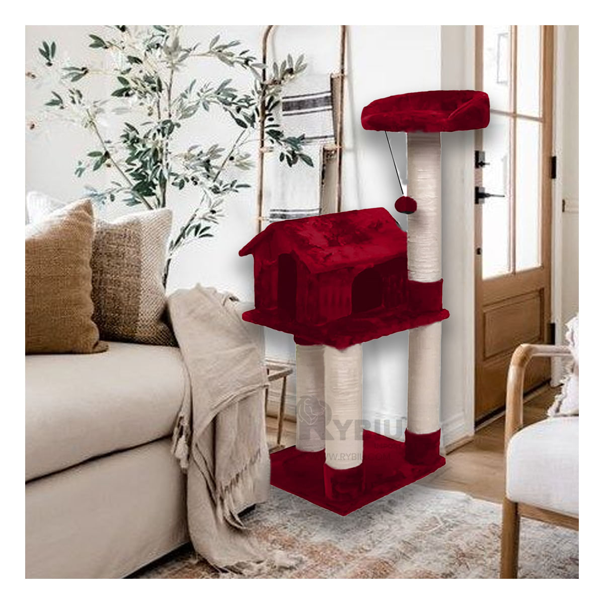 Gym de Gato Casa de 3 Pisos de Color Rojo