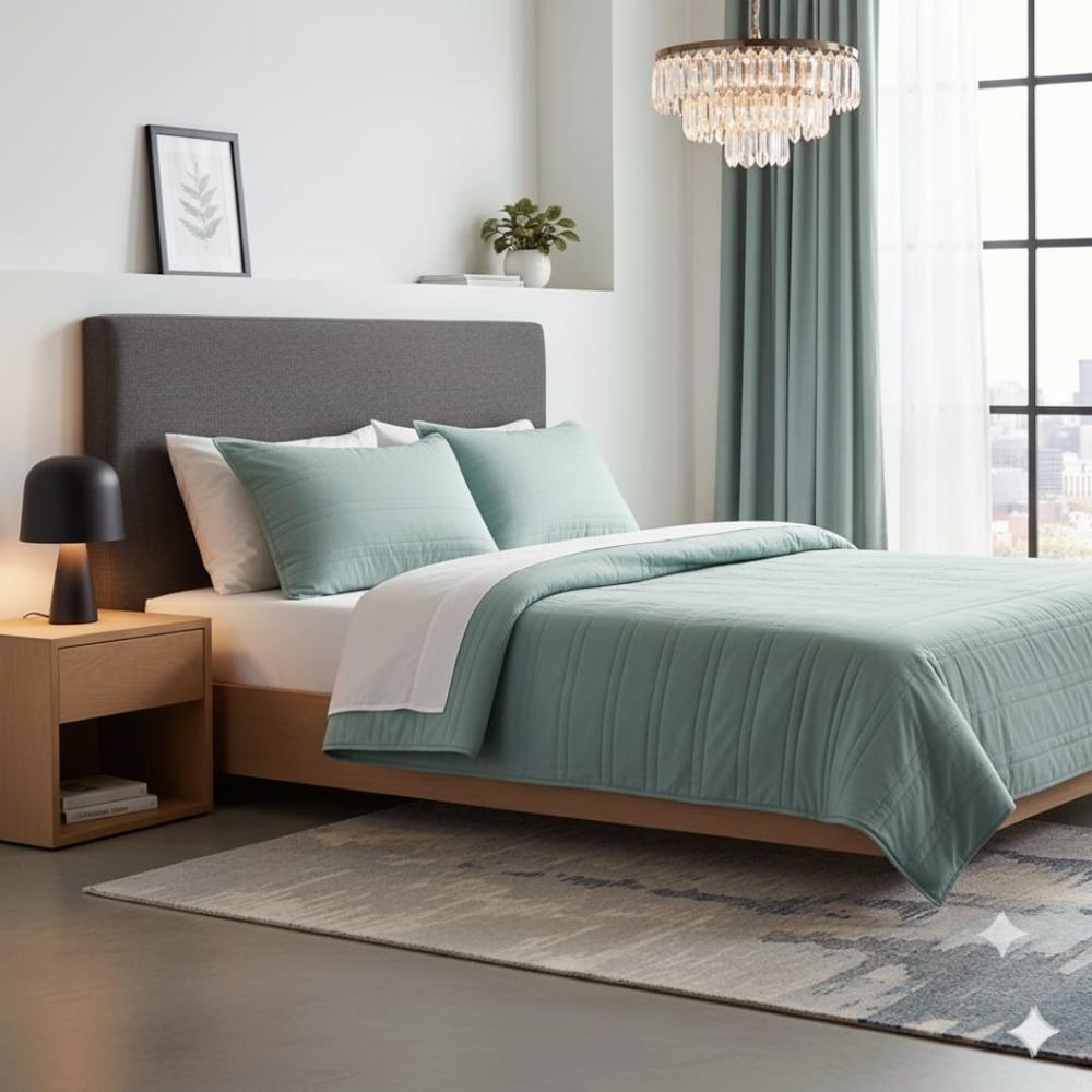 Cubrecama Algodón 220 hilos Verde con Funda Sham 1.5 plz Free Home Premium