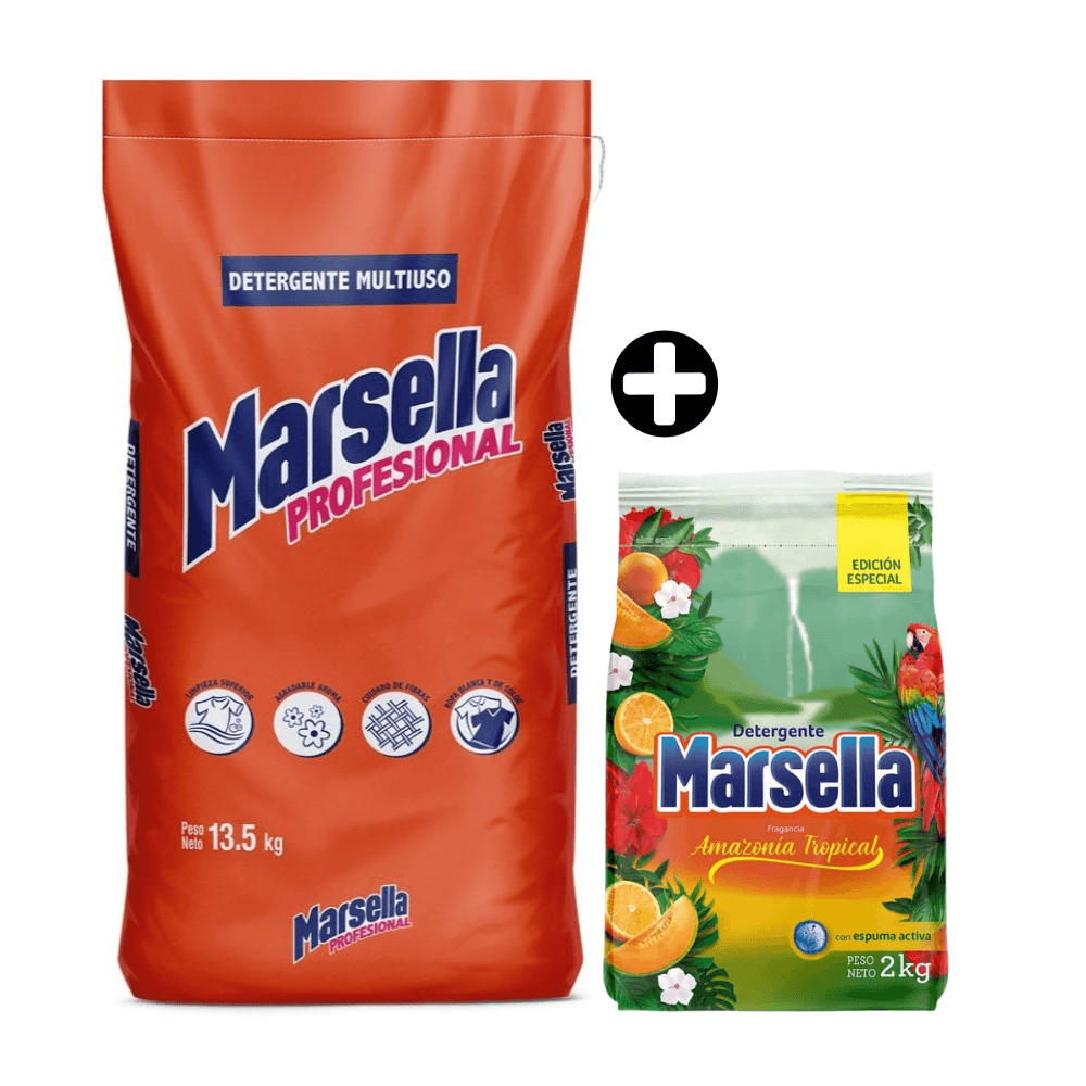 COMBO Marsella: Detergente en Polvo Profesional 13.5kg + Detergente en Polvo Amazonía Tropical 2kg
