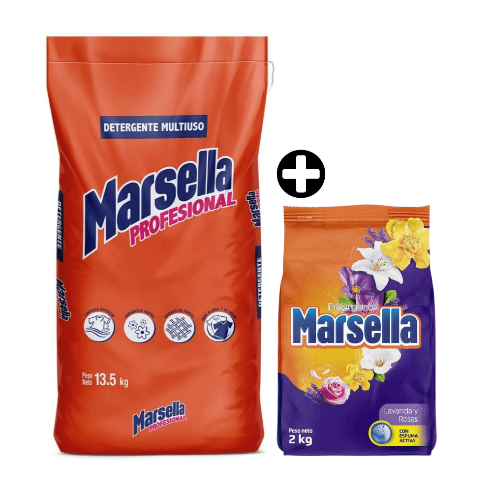 COMBO Marsella: Detergente en Polvo Profesional 13.5kg + Detergente en Polvo Lavanda y Rosas 2kg