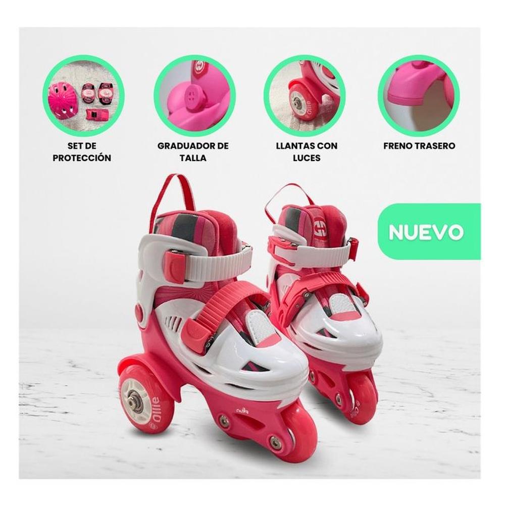 PATINES LINIALES PARA NIÑA RODILLERA Y CASCO-ROSADO