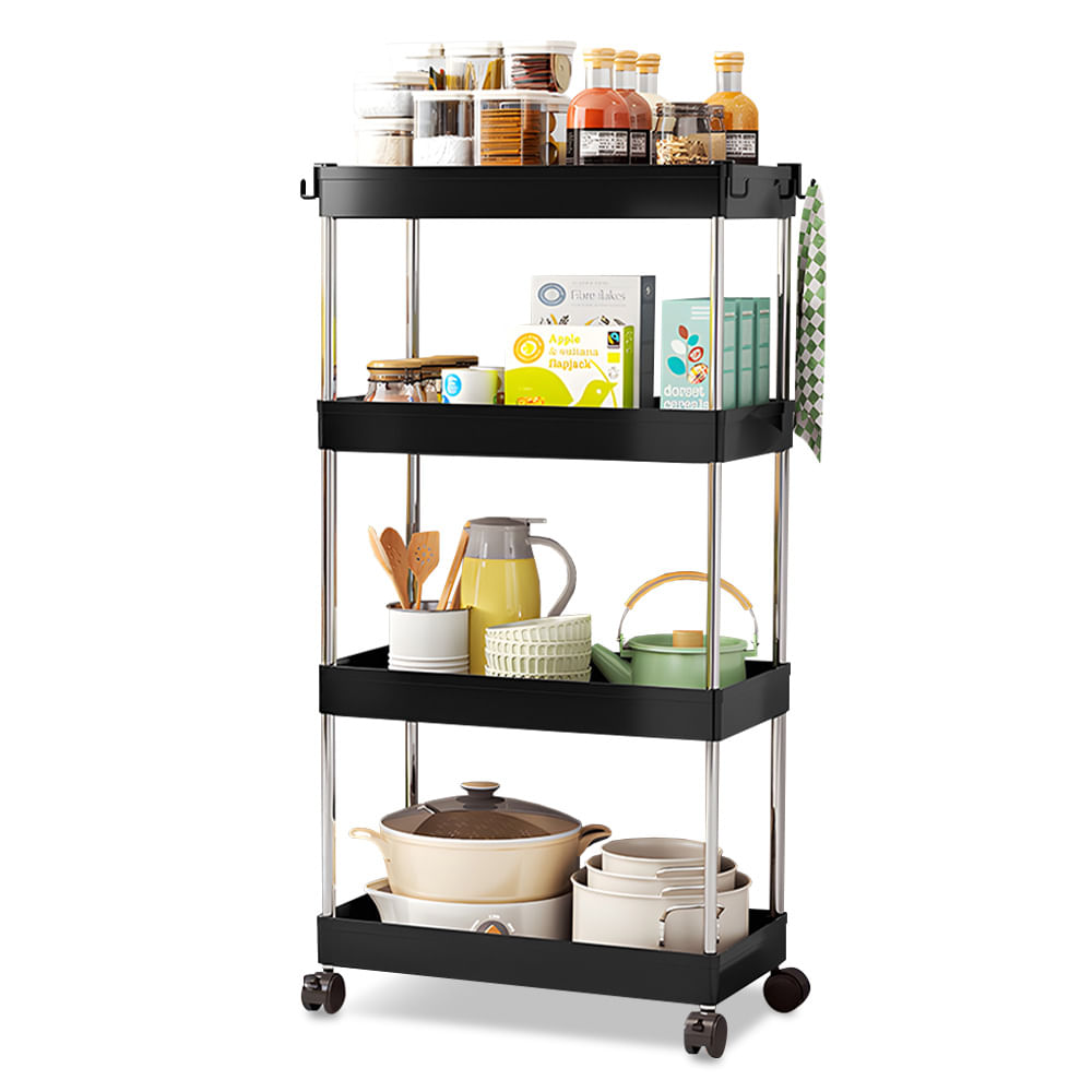 Carrito Organizador Elegante 4 Niveles con Colgadores para Cocina Negro AJ8